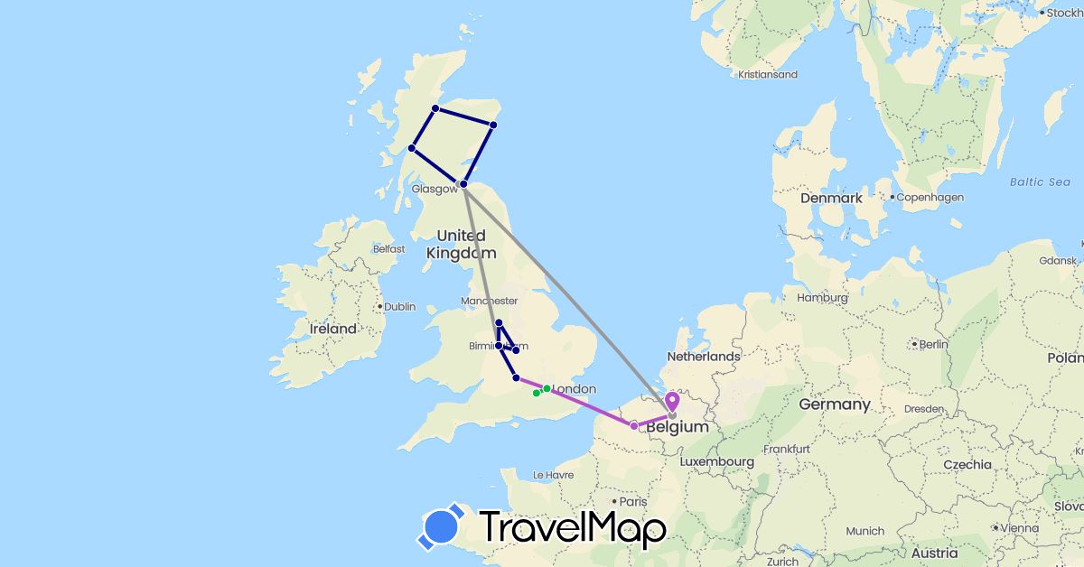 TravelMap itinerary: driving, bus, plane, train in Belgium, France, United Kingdom (Europe)